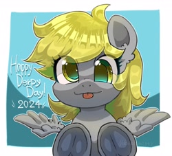 Size: 3031x2755 | Tagged: safe, artist:yukkuri_yu_yu, derpy hooves, pegasus, pony, g4, :p, cute, derpabetes, derpy day, eye clipping through hair, female, frog (hoof), looking at you, mare, smiling, smiling at you, solo, spread wings, text, tongue out, underhoof, wings