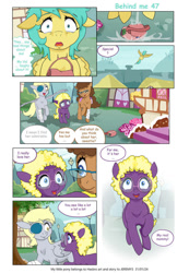 Size: 749x1080 | Tagged: safe, artist:jeremy3, derpy hooves, sunshower raindrops, oc, oc:trissie, oc:valentine, pony, comic:behind me, g4, food, muffin, ponyville