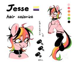 Size: 1527x1322 | Tagged: safe, artist:rtootb, oc, oc only, oc:jesse, earth pony, pony, clothes, collar, earth pony oc, nonbinary, pride, pride flag, reference sheet, simple background, stockings, stripes, thigh highs, white background