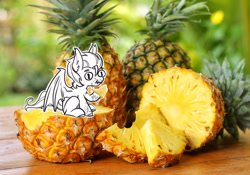 Size: 2700x1891 | Tagged: safe, artist:opalacorn, oc, oc only, bat pony, pony, bat pony oc, commission, eating, food, herbivore, hoof hold, irl, photo, pineapple, ponies in food, ponies in real life, sitting, solo, tiny, tiny ponies