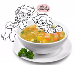Size: 2385x2073 | Tagged: safe, artist:opalacorn, oc, oc only, pegasus, pony, bowl, commission, dialogue, duo, duo male and female, eating, female, floppy ears, food, herbivore, male, mare, partially submerged, ponies in food, simple background, solo, soup, speech bubble, stallion, tiny, tiny ponies, tongue out, white background