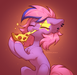 Size: 2500x2450 | Tagged: oc name needed, safe, alternate version, artist:avroras_world, oc, oc only, earth pony, pony, belly, chest fluff, commission, cute, ear fluff, ear piercing, earring, earth pony oc, eating, eyes closed, female, floppy ears, food, gradient background, high res, hoof hold, jewelry, mare, meat, ocbetes, pepperoni, pepperoni pizza, piercing, pizza, signature, solo