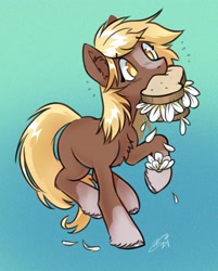 Size: 2175x2700 | Tagged: safe, artist:opalacorn, earth pony, pony, blaze (coat marking), chest fluff, coat markings, daffodil and daisy sandwich, facial markings, female, food, gradient background, herbivore, mare, mouth hold, ponified, sandwich, sergeant reckless, signature, socks (coat markings), solo, standing on two hooves