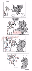 Size: 1829x4096 | Tagged: safe, artist:opalacorn, oc, oc only, oc:silver stream, oc:void, alicorn, pegasus, pony, zebra, zebra alicorn, zebracorn, ..., comic, cyriak, dialogue, duo, duo male and female, female, flying, male, mare, multiple wings, nose piercing, nose ring, not salmon, partial color, piercing, simple background, stallion, wat, white background, wings