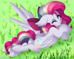 Size: 2560x2048 | Tagged: safe, artist:natanvok, oc, oc only, oc:sky sorbet, pegasus, pony, butt, dock, ear fluff, eyebrows, eyebrows visible through hair, featureless crotch, female, floppy ears, frog (hoof), grass, high res, hoofbutt, looking at you, lying down, mare, one eye closed, one wing out, outdoors, pegasus oc, plot, prone, smiling, smiling at you, solo, sploot, tail, underhoof, wings, wink, winking at you