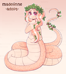 Size: 2659x3000 | Tagged: safe, artist:madelinne, oc, oc only, oc:ichordrop, lamia, original species, garland, gradient background, long hair, pink eyes, reference sheet, solo