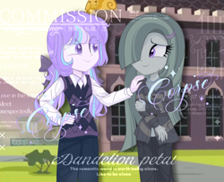 Size: 2016x1640 | Tagged: artist needed, safe, marble pie, oc, oc:delia ino, earth pony, unicorn, equestria girls, g4, base used, canon x oc, comforting, female, grey hair, horn, looking at each other, looking at someone, purple eyes, purple hair, smiling, smiling at each other, unicorn oc