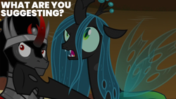 Size: 2000x1125 | Tagged: safe, edit, edited screencap, editor:quoterific, screencap, king sombra, queen chrysalis, changeling, changeling queen, pony, unicorn, g4, the beginning of the end, duo, female, horn, male, mare, stallion