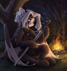 Size: 2250x2401 | Tagged: safe, artist:dorkmark, oc, oc only, oc:kate braxton, pegasus, pony, armor, campfire, clothes, ear piercing, forest, looking at you, nature, night, piercing, solo, sword, tree, weapon