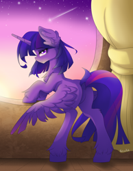 Size: 3500x4500 | Tagged: safe, artist:natanvok, twilight sparkle, alicorn, pony, g4, bedroom eyes, butt, dock, ear fluff, eyebrows, eyebrows visible through hair, featureless crotch, female, high res, horn, indoors, looking at you, mare, night, night sky, plot, profile, shooting star, sky, solo, spread wings, stars, tail, twibutt, twilight sparkle (alicorn), wings, wings down