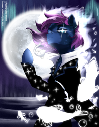 Size: 1320x1680 | Tagged: safe, artist:n0thingbutath0ught, oc, fish, pony, aura, aurora borealis, clothes, moon, quote, solo, stars, text, water