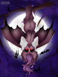 Size: 4320x5680 | Tagged: safe, artist:natanvok, fluttershy, bat, bat pony, pony, g4, absurd resolution, bat ears, bat ponified, bat wings, fangs, female, flutterbat, full moon, hanging, hanging upside down, looking at you, mare, moon, open mouth, outdoors, race swap, solo, spread wings, tongue out, tree branch, upside down, wings