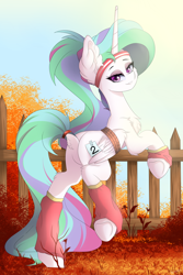 Size: 4000x6000 | Tagged: safe, artist:natanvok, princess celestia, alicorn, pony, g4, absurd resolution, bound wings, butt, chest fluff, clothes, dock, ear fluff, eyebrows, featureless crotch, female, fence, folded wings, headband, horn, leg fluff, leg warmers, lidded eyes, looking at you, looking back, looking back at you, mare, outdoors, plot, raised leg, smiling, smiling at you, solo, sweatband, tail, underhoof, wings