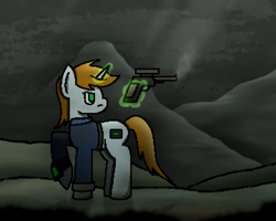 Size: 1440x1152 | Tagged: safe, artist:sirius leaf, oc, oc only, oc:littlepip, pony, unicorn, fallout equestria, female, gun, horn, mare, mountain, pipbuck, solo, weapon