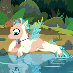Size: 1200x1200 | Tagged: safe, artist:anonymous, terramar, human, seapony (g4), g4, /ptfg/, ear fins, eye color change, fin wings, fins, human to seapony, jewelry, legs fusing, light skin, male, mid-transformation, necklace, patchy fur, reflection, show accurate, smiling, solo, transformation, water, wings