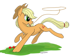 Size: 1449x1087 | Tagged: safe, artist:migesanwu, applejack, earth pony, pony, g4, apple, applejack's hat, cowboy hat, food, grass, hat, lasso, raised hoof, rope, running, signature, simple background, solo, white background