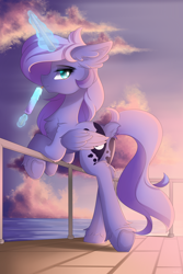 Size: 4000x6000 | Tagged: safe, artist:natanvok, princess luna, alicorn, pony, g4, absurd resolution, boardwalk, butt, chest fluff, dock, ear fluff, eating, eyebrows, female, folded wings, food, glowing, glowing horn, hoof fluff, horn, ice cream, levitation, licking, long horn, long legs, looking at you, magic, magic aura, mare, moonbutt, outdoors, plot, popsicle, praise the moon, profile, solo, tail, telekinesis, tongue out, underhoof, water, wings