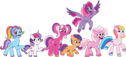 Size: 4058x1858 | Tagged: safe, artist:prixy05, cheerilee (g3), pinkie pie (g3), rainbow dash (g3), scootaloo (g3), starsong, sweetie belle (g3), toola-roola, earth pony, pegasus, pony, unicorn, g3, g3.5, g5, my little pony: tell your tale, core seven, diverse body types, female, filly, foal, g3 to g5, g3.5 to g5, generation leap, height difference, horn, mare, physique difference, simple background, transparent background, vector