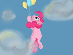 Size: 2000x1500 | Tagged: safe, artist:kenzie, derpibooru exclusive, pinkie pie, earth pony, pony, g4, balloon, floating, holding, looking up, paint tool sai, pinkie being pinkie, simple shading, sky, then watch her balloons lift her up to the sky