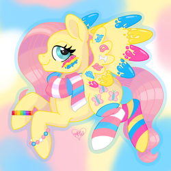 Size: 2048x2048 | Tagged: safe, artist:alithinksshecandraw, fluttershy, pegasus, pony, g4, 2022, bracelet, clothes, face paint, gradient background, jewelry, looking at you, outline, paint, pansexual pride flag, pride, pride flag, scarf, signature, smiling, smiling at you, socks, solo, stockings, striped socks, thigh highs, transgender pride flag