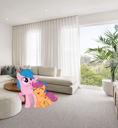 Size: 1419x1541 | Tagged: artist needed, safe, anonymous artist, artist:jhayarr23, artist:ponyphile, firefly, scootaloo, pegasus, pony, g1, g4, ^^, adopted, adopted offspring, couch, cute, cutealoo, daaaaaaaaaaaw, duo, eyes closed, female, filly, foal, grandmother and grandchild, headcanon, headcanon in the description, irl, living room, mare, open mouth, open smile, photo, ponies in real life, potted plant, raised hoof, scootadoption, scootalove, smiling, snuggling, spread wings, table, this will end in hugs, this will end in kisses, wings
