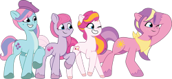 Size: 2465x1129 | Tagged: safe, artist:prixy05, ivy, light heart, sundance (g2), sunsparkle, sweet berry, earth pony, pony, g2, g5, my little pony: tell your tale, bean mouth, core four, diverse body types, female, g2 to g5, generation leap, height difference, mare, mole, physique difference, simple background, transparent background, vector