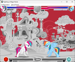 Size: 620x514 | Tagged: artist needed, safe, rainbow dash, zipp storm, pegasus, pony, fighting is magic, fighting is magic - roots, g4, g5, blitz (character), clone, cloudsdale, corrupted dale, female, flying, game screencap, house, mare