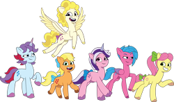 Size: 3280x1932 | Tagged: safe, artist:prixy05, applejack (g1), firefly, posey, posey bloom, sparkler (g1), surprise, twilight, earth pony, pegasus, pony, unicorn, g1, g5, my little pony: tell your tale, bow, diverse body types, female, g1 six, g1 to g5, generation leap, height difference, horn, mare, physique difference, simple background, tail, tail bow, transparent background, vector