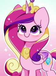Size: 2352x3199 | Tagged: safe, artist:kittyrosie, princess cadance, alicorn, pony, g4, blushing, crown, cute, cutedance, female, folded wings, gradient background, heart, heart eyes, high res, horn, jewelry, kittyrosie is trying to murder us, mare, regalia, smiling, solo, sparkles, wingding eyes, wings