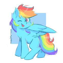 Size: 681x680 | Tagged: safe, artist:everydaydashie, artist:skylinepony_, rainbow dash, pegasus, pony, g4, blushing, collaboration, female, looking at you, mare, missing cutie mark, one eye closed, open mouth, open smile, partially open wings, simple background, smiling, smiling at you, solo, white background, wings, wink, winking at you