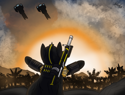 Size: 3452x2636 | Tagged: safe, artist:sroka001, oc, oc only, oc:srok, pony, unicorn, complex background, crossover, for managed democracy, game, helldivers, helldivers 2, horn, nuclear explosion, sky, solo