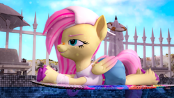 Size: 3840x2160 | Tagged: safe, artist:silkworm205, gameloft, part of a set, fluttershy, pegasus, pony, series:silkworm205's weekly artwork 2024, g4, my little pony: magic princess, '90s, 3d, 90s grunge fluttershy, alternate hairstyle, bandaid, bandaid on nose, cap, clothes, colored eyebrows, colored hooves, colored wings, colored wingtips, download at source, downloadable, female, fluffy tail, folded wings, gradient wings, hat, lying down, mare, prone, revamped ponies, shirt, skirt, solo, source filmmaker, source filmmaker resource, sploot, surfboard, surfing, swimming pool, tail, unshorn fetlocks, water, wings