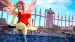 Size: 3840x2160 | Tagged: safe, artist:silkworm205, gameloft, part of a set, fluttershy, pegasus, anthro, plantigrade anthro, g4, my little pony: magic princess, '90s, 3d, 90s grunge fluttershy, alternate hairstyle, bandaid, big breasts, breasts, busty fluttershy, cap, clothes, colored eyebrows, colored wings, colored wingtips, download at source, downloadable, feet, fluffy tail, hat, lifeguard, lifeguard fluttershy, outdoors, relaxing, revamped anthros, revamped ponies, sitting, solo, source filmmaker, source filmmaker resource, spread wings, surfboard, swimming pool, swimsuit, tail, water, wings