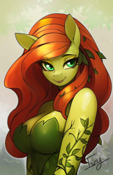 Size: 640x989 | Tagged: safe, artist:therocknrollmartian, oc, earth pony, anthro, big breasts, breasts, busty oc, cleavage, female, long hair, looking at you, poison ivy, ponified, smiling, smiling at you, solo