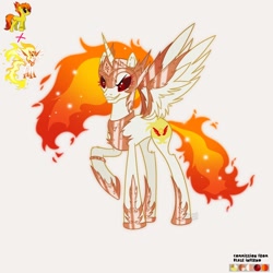 Size: 1600x1600 | Tagged: safe, artist:artsypaws, derpibooru exclusive, daybreaker, oc, oc:blaze inferno, alicorn, earth pony, pony, g4, armor, commission, concave belly, design, evil smile, fire, fusion, grin, helmet, hoof shoes, horn, jewelry, peytral, photo, princess shoes, regalia, ring, slender, smiling, spread wings, tall, thin, wings