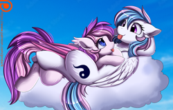 Size: 2524x1618 | Tagged: safe, artist:pridark, oc, oc only, oc:malina, oc:starburn, bat pony, pegasus, pony, :p, bat pony oc, cloud, female, mother and child, mother and daughter, on a cloud, pegasus oc, tongue out