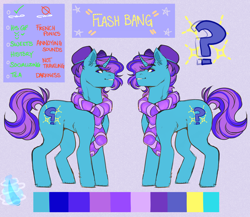 Size: 960x832 | Tagged: safe, artist:dejji_vuu, oc, oc only, oc:flash bang, pony, unicorn, blue eyes, clothes, color palette, curved horn, ear fluff, hat, horn, male, reference sheet, scarf, solo, stallion, standing, unicorn oc