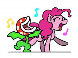 Size: 1800x1350 | Tagged: safe, artist:flutterluv, pinkie pie, earth pony, pony, g4, crossover, duo, eyes closed, music notes, piranha plant, piranha plants on parade, simple background, singing, smiling, super mario bros., super mario bros. wonder, white background