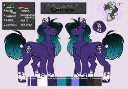 Size: 5600x3900 | Tagged: safe, artist:dejji_vuu, oc, oc only, oc:shade, earth pony, pony, black eyeshadow, chest fluff, coat markings, color palette, colored eartips, colored hooves, ear fluff, ear piercing, earring, earth pony oc, eyeshadow, female, gradient mane, gradient tail, jewelry, kanji, leg fluff, makeup, mare, piercing, purple eyes, reference sheet, shoulder fluff, socks (coat markings), solo, standing, tail, translated in the comments, unshorn fetlocks