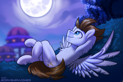 Size: 3000x2000 | Tagged: safe, artist:jedayskayvoker, oc, oc only, oc:core, pegasus, pony, colored sketch, commission, full moon, grass, grass field, hooves behind head, hooves up, lying down, male, moon, night, night sky, pegasus oc, sketch, sky, smiling, solo, spread wings, stallion, tree, village, wings