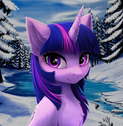 Size: 3186x3260 | Tagged: safe, artist:empress-twilight, twilight sparkle, alicorn, pony, g4, chest fluff, cute, ear fluff, female, horn, ice, looking at you, mare, nature, outdoors, river, smiling, smiling at you, snow, solo, tree, twiabetes, twilight sparkle (alicorn), water, winter