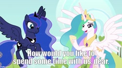Size: 888x499 | Tagged: safe, edit, edited screencap, screencap, princess celestia, princess luna, alicorn, pony, between dark and dawn, g4, bronybait, caption, concave belly, crown, duo, ethereal mane, ethereal tail, female, flying, hoof shoes, horn, image macro, imgflip, jewelry, long horn, long mane, peytral, princess shoes, regalia, royal sisters, siblings, sisters, spread wings, tail, talking to viewer, text, wings