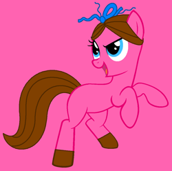 Size: 969x963 | Tagged: safe, artist:drugzrbad, artist:spitfirethepegasusfan39, earth pony, pony, g4, adult blank flank, base used, blank flank, bow, clothes, dreamworks face, female, hair bow, hair ribbon, hooves, hooves up, little miss, little miss quick, mare, mr. men, mr. men little miss, open mouth, open smile, pink background, ponified, quick, ribbon, shoes, simple background, smiling, solo