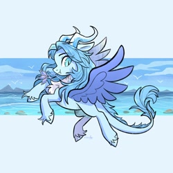 Size: 2048x2048 | Tagged: dead source, safe, artist:raindrophalo, oc, oc only, bird, dracony, dragon, hybrid, pony, chest fluff, coat markings, colored wings, cyan eyes, eye clipping through hair, fangs, jewelry, leonine tail, light blue background, necklace, ocean, pale belly, signature, simple background, slit pupils, smiling, socks (coat markings), solo, spread wings, tail, unshorn fetlocks, water, wings