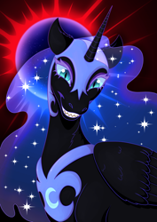 Size: 1614x2282 | Tagged: safe, artist:nomnomgator, nightmare moon, alicorn, pony, g4, antagonist, blue eyes, blue mane, blushing, bust, colored pupils, crown, curved horn, cute, digital art, ethereal mane, eyelashes, eyeshadow, fangs, feather, female, flowing mane, glowing, glowing horn, happy, hoof shoes, horn, jewelry, lidded eyes, looking at you, makeup, mare, moon, moonlight, neck fluff, peytral, portrait, raised hooves, regalia, signature, simple background, smiling, smiling at you, solo, sparkles, spread wings, starry mane, stars, teeth, villainess, wings