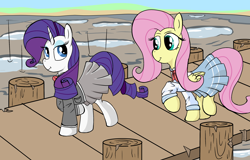 Size: 2500x1600 | Tagged: safe, artist:amateur-draw, fluttershy, rarity, earth pony, pegasus, unicorn, g4, bowtie, clothes, female, horn, looking at each other, looking at someone, mare, mud, muddy, pier, pleated skirt, sailor uniform, school uniform, skirt, tail, uniform, walking, wet and messy