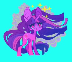 Size: 966x839 | Tagged: safe, artist:cutesykill, twilight sparkle, pony, unicorn, g4, big ears, blue background, blue sclera, colored eyebrows, colored eyelashes, colored pupils, colored sclera, concave belly, eyebrows, eyebrows visible through hair, female, flower, horn, impossibly large ears, long legs, long mane, long tail, lyrics in the description, mare, multicolored eyes, multicolored mane, multicolored tail, purple coat, purple eyes, purple mane, purple tail, simple background, slender, solo, sparkles, standing, straight mane, straight tail, tail, thick eyelashes, thin, unicorn horn, unicorn twilight, windswept mane, windswept tail, wingding eyes