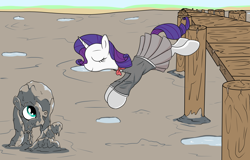 Size: 2500x1600 | Tagged: safe, artist:amateur-draw, fluttershy, rarity, pegasus, unicorn, g4, clothes, covered in mud, eyes closed, female, horn, jumping, majestic, majestic as fuck, mare, mud, mud bath, mud pony, muddy, pier, pleated skirt, rarity loves mud, school uniform, skirt, uniform, wet and messy