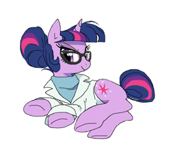 Size: 1394x1202 | Tagged: safe, artist:cheesesauce_45, sci-twi, twilight sparkle, pony, unicorn, equestria girls, g4, clothes, equestria girls ponified, female, glasses, hair bun, horn, lab coat, lidded eyes, looking at you, lying down, mare, multicolored hair, multicolored mane, narrowed eyes, ponified, purple coat, purple eyes, simple background, sitting, smiling, smiling at you, solo, sweater, tail, tail bun, unicorn horn, unicorn sci-twi, white background, wingding eyes