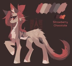 Size: 1280x1162 | Tagged: safe, artist:blcksswn, oc, oc only, oc:strawberry chocolate, hybrid, pony, adoptable, ambiguous gender, big eyes, brown background, brown coat, chest fluff, cloven hooves, coat markings, color palette, colored ears, colored eyebrows, colored pinnae, concave belly, countershading, ear fluff, eyebrows, eyebrows visible through hair, hybrid oc, leg fluff, long legs, multicolored tail, no mouth, paws, ponytail, profile, raised hoof, red eyes, red mane, side view, simple background, slender, solo, tail, thin, two toned mane, watermark, whiskers, wingding eyes